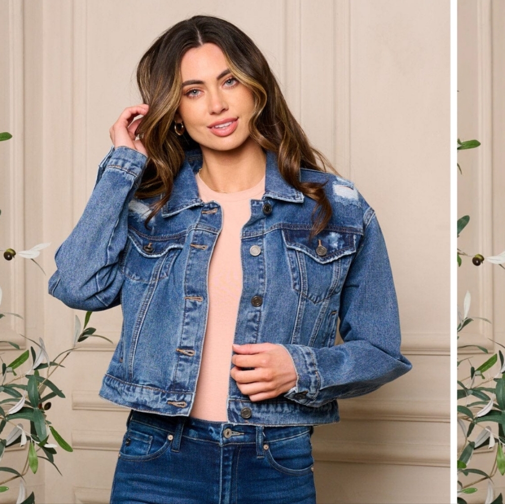 🌷WOMEN'S LONG SLEEVE BUTTON CLOSURE DISTRESS DENIM JACKET #075 - Picture 3 of 4